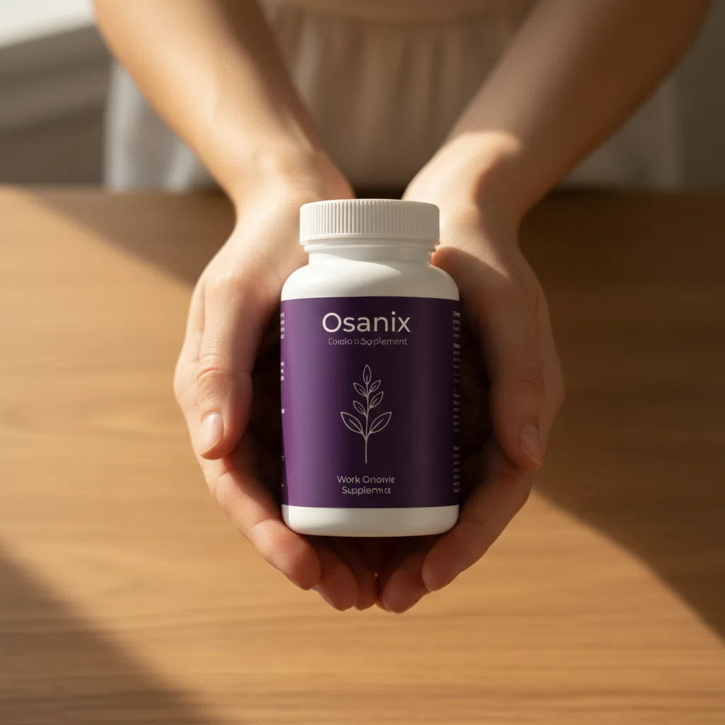 Anonieme handen houden een pot Osanix vast op een houten tafel